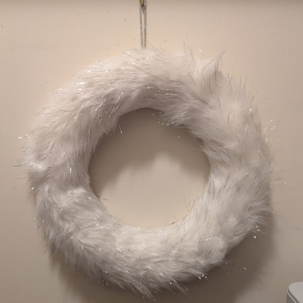 Faux WHITE FUR WREATH SILVER METALLIC ACCENTS